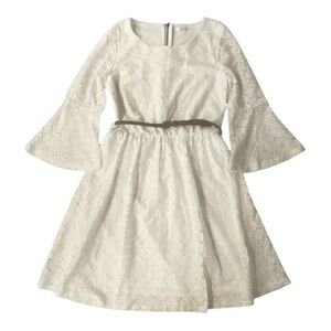 Girls Ivory Bell Sleeve Dress with Brown belt